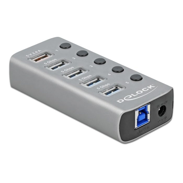 DELOCK USB hub με διακόπτες 63262, 5x USB, 5Gbps, 2.4A, γκρι