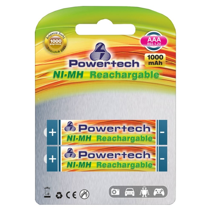 POWERTECH επαναφορτιζόμενη μπαταρία PT-159 1000mAh, AAΑ (R03), 2 τμχ