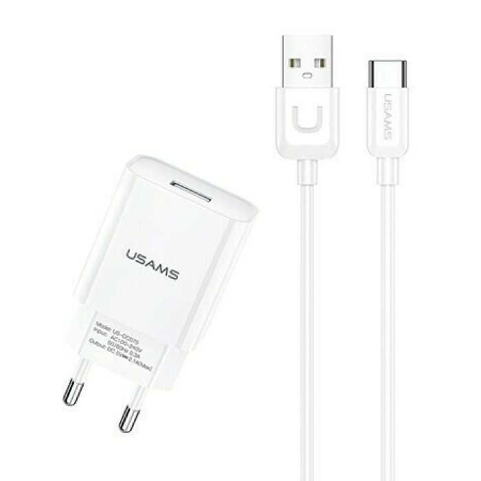 USAMS φορτιστής τοίχου T21OCTC01 με καλώδιο USB-C, USB 2.1A, λευκός