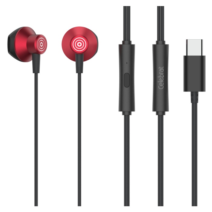 CELEBRAT earphones με μικρόφωνο D14, USB-C, 1.2m, κόκκινα