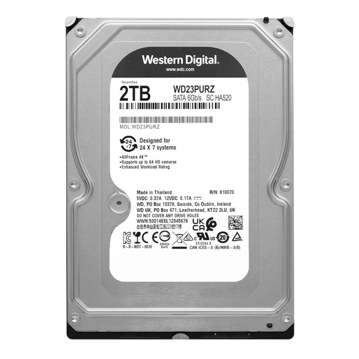 WD σκληρός δίσκος 3.5" Purple Surveillance 2TB, 64MB, 5400RPM, 6Gb/s, FR